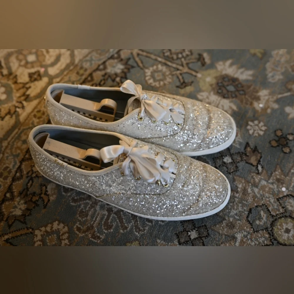 Keds X Kate Spade Silver Glitter White Sequin Sneakers White Laces Size 8 Bridal